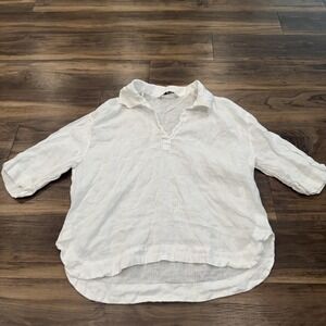 Zara Blouse Womens XS White Linen Collared 3/4 Sleeve Tunic Top Casual Summer